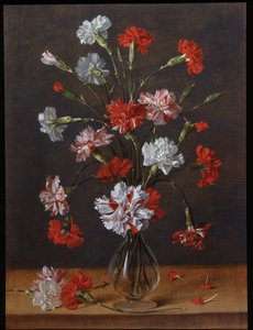 玻璃花瓶中的康乃馨花束，约 1600-1700 年（油画板）