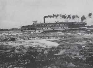 Shooting the Lachine Rapids, River St Lawrence (b/w photo)