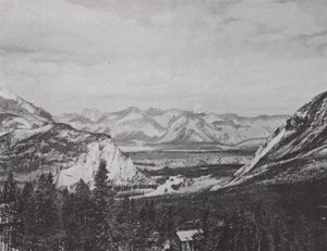 The Bow Valley, in the Canadian National Park; Canadian Pacific Railway (b/w photo)