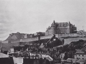 The Chateau and Citadel from Lower Town, Quebec (b/w photo)
