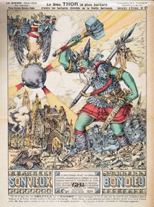 托尔神是旧日耳曼最野蛮的神灵，出自《三国演义》第一卷，政治史，1933年出版（彩色印刷）。