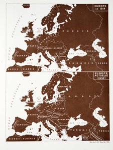 1914年的欧洲地图和1932年的欧洲地图，摘自《三国演义》第一卷，政治史，1933年出版（彩色平印）。