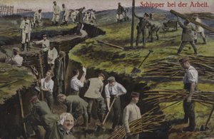 德国步兵在挖战壕，第一次世界大战（彩色照片）。 作者 德国摄影师