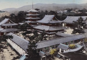 日本，约 1912 年：日本最古老的佛教寺庙法隆寺，建于大约 1300 年前，大和（照片）
