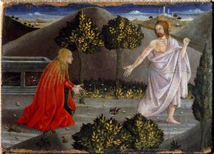 慈悲的多面体："Noli me tangere"。慈悲的多联画。(木头上的绘画 作者 皮耶罗·德拉·弗朗西斯卡