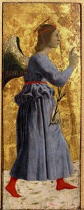 Misericorde的Polyptic：Misericorde的圣母，被圣人包围。表现报喜天使的细节。皮耶罗-德拉-弗朗西斯卡（1415/20-1492）1445-1460年的木板画，尺寸为55x20厘米。55x20 cm Sansepolcro, Pinacoteca Comunale 作者 皮耶罗·德拉·弗朗西斯卡
