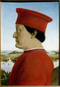 Federico de Montefeltro、乌尔比诺公爵和巴蒂斯塔·斯福尔扎的肖像。 代表 Federico da Montefeltro 的细节 作者 皮耶罗·德拉·弗朗西斯卡