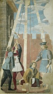 犹太人的酷刑：犹大被从井里拖出来，来自真正的十字循环，完成于 1464 年（壁画） 作者 皮耶罗·德拉·弗朗西斯卡