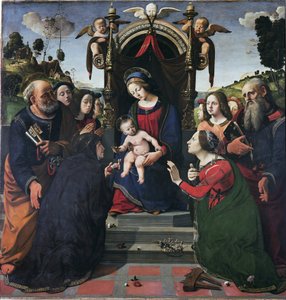圣母和孩子在圣徒包围的宝座上（油画和蛋彩画板，约1493年 作者 皮耶罗迪科西莫