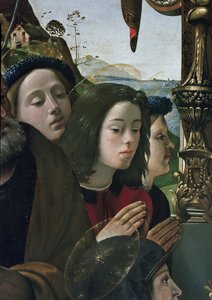 圣母和圣婴在宝座上，细节（油画和蛋彩画板，约1493年）。 作者 皮耶罗迪科西莫