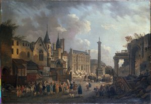 巴黎假想十字路口的游乐场表演，约 1770 年（布面油画）