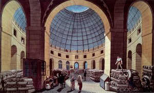 Halle au ble的景色，位于现在的巴黎Soissons酒店（贸易交易所）。Guiguet根据Pierre Courvoisier (1756-1804)的作品绘制的版画 18世纪。巴黎，B.N.