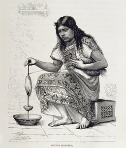 棉纺，选自 Claude-Joseph-Desire Charnay 所著《新世界的古城》，1887 年出版（雕版印刷）。1887 年（雕刻） 作者 皮埃尔（之后）弗里特尔