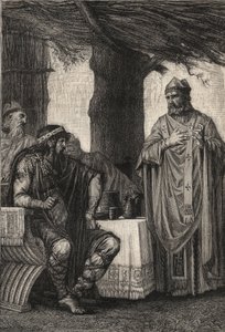 图尔的圣格雷瓜尔（538-594 年）（图尔的格雷戈里）反对梅洛温王朝的弗朗西国王奇尔佩里克一世（539-584 年）--皮埃尔-弗里特尔（1853-1942 年）的雕刻作品 作者 皮埃尔（之后）弗里特尔