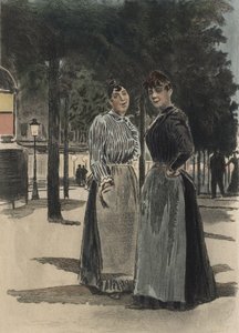 大道上的两个普通女人，插图来自奥克塔夫·乌赞（Octave Uzanne，1851-1931）1894 年的《La Femme a Paris》（彩色雕刻） 作者 皮埃尔（后）比达尔