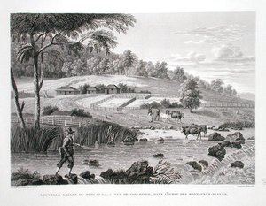 新南威尔士，新荷兰。蓝山西部的考克斯河景观，出自《世界之旅（1817-20）》，作者Louis Claude Desaulses de Freycinet（1779-1842），由Schroeder雕刻，1822-24年出版（平板）。 作者 皮埃尔·安托万（后）马尔凯斯