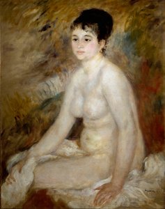 沐浴后。 一个裸体女人坐着的画像。 皮埃尔·奥古斯特·雷诺阿 (Pierre-Auguste