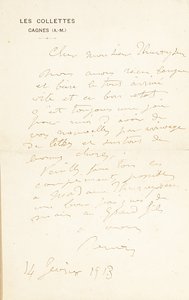 1908年6月24日在巴黎和Les Collettes上写给Fritz Thurneyssen博士的亲笔签名信 作者 皮埃尔·奥古斯特·雷诺阿