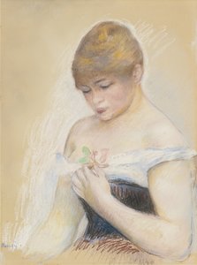 着花的美丽的少妇。女演员珍妮·萨玛莉的肖像c。 1880年 作者 皮埃尔·奥古斯特·雷诺阿