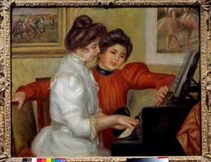 皮埃尔·奥古斯特·雷诺阿 (1841-1919) 1898 年在钢琴旁的伊冯娜 (Yvonne) 和克里斯汀·勒罗尔 (Christine Lerolle)。 0.73x0.92 米巴黎，橘园博物馆 - 伊冯娜和克里斯汀勒罗尔在钢琴上。 皮埃尔·奥古斯特·雷诺阿 (1841-1919) 的画作，1898 年。0.73 x 0.92 米。 橘园 M 作者 皮埃尔·奥古斯特·雷诺阿