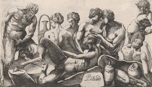 八个萨蒂尔和萨蒂尔女郎在吃完饭，1607-61。 作者 皮埃尔·比亚德