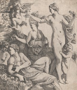 维纳斯，与三位圣女站在一起，被提供了一朵来自普托的花，1607-61。 作者 皮埃尔·比亚德