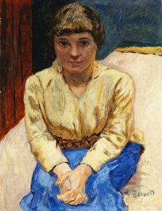女孩坐着，双手交叉； 《坐着的年轻女孩》，勒芒·克鲁斯（Les Mans Croisees），约1916年（布面油画） 作者 皮埃尔·邦纳德