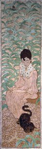 一只猫的坐着的女人，1891年的四个女人花园中的一个（画布上的油画） 作者 皮埃尔·邦纳德