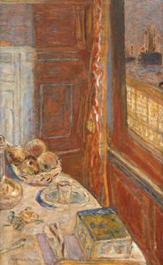 与通过窗口看见的船的静物画，c.1906