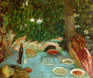 樱桃派 坐在花园里的年轻女人有一张桌子。 Pierre Bonnard (1867-1947) 的画作，1908 年昏暗。 115x126 厘米苏黎世，彼得·内森收藏 作者 皮埃尔·邦纳德