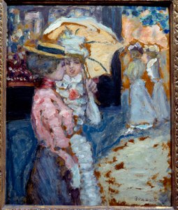 散步 两个优雅的年轻女子身着时尚 Belle Epoque，在她们的雨伞下交谈。 Pierre Bonnard (1867-1947) 1900 年作画。 0,38x0,21 m 私人收藏 作者 皮埃尔·邦纳德