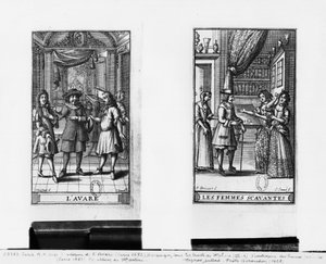 Moliere作为Harpagon，“The Miser”的主题，1668年，以及1672年的“Learned Ladies”的主题，由Moliere（1622-73）雕刻，由Jean Sauve（1660-91）雕刻于1682年在巴黎出版（b