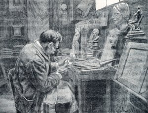 象牙工人用凿子、刮刀和凿子雕刻象牙 雕刻作品来自 Pierre Calmette 私人收藏的“Excursion a travers les metiers” 作者 皮埃尔·卡尔梅特