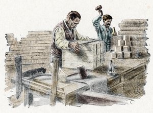 Savonnerie: le decoupage des breads de soap (manufacture of bars of soap) 皮埃尔-卡尔梅特的 "Excursion a travers les metiers "中的雕刻 私人收藏 作者 皮埃尔·卡尔梅特