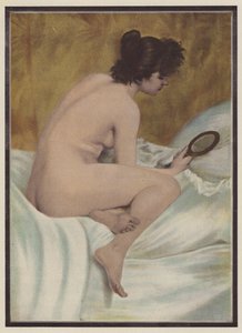 觉醒，拿着镜子的女人（彩色平版印刷）