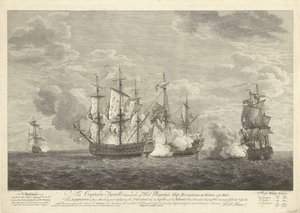一艘英国船在圣尤斯特歇斯岛附近袭击三艘法国船，1758 年