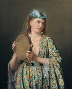 19世纪下半叶，玩铃鼓的宫廷女士肖像。 作者 Pierre Désiré Guillemet