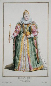 伊丽莎白一世（1530-1603年），摘自 "Receuil des Estampes, representant les Rangs et les Dignites, suivant le Costume de toutes les Nations existantes"，1780年出版（手绘版画）。 作者 皮埃尔·杜弗洛斯