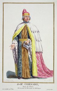 Giovanni Cornaro (1647-1722) 威尼斯总督，摘自 "Receuil des Estampes, representant les Rangs et les Dignites, suivant le Costume de toutes les Nations existantes", published 1780 (hand colored engraving) 作者 皮埃尔·杜弗洛斯