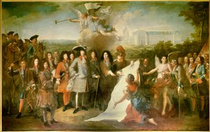 卢瓦侯爵（1639-1691 年）向路易十四提交荣军院（Royal Hote des Invalides）平面图 出席会议的有亨利-德-拉图尔-奥弗涅（1611-1675 年）、自由党人布鲁昂（1631-1697 年）、波旁王朝的路易二世、孔德亲王（波旁-孔德）（162 年 作者 皮埃尔·杜林