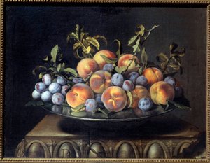 锡盘中的桃子和李子 Pierre Dupuis (1610-1682) 绘画，17 世纪太阳。 0,48x0,61 米