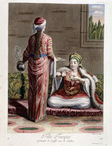 土耳其女孩在索帕上喝咖啡，"1707年和1708年代表黎凡特不同民族的100幅版画集"，由国王驻波特的大使德-弗里奥尔先生订购，1712-13年由巴桑的勒海先生负责更新。
