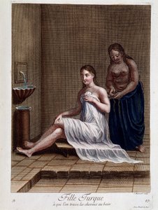 土耳其女孩，她的头发在洗澡时被编成辫子--载于 "1707年和1708年表现黎凡特不同民族的100幅版画集"，由国王驻波特的大使德-弗里奥尔先生下令，1712-13年由勒海先生负责更新。