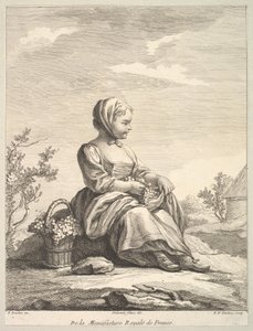 小女孩拿着葡萄，身边放着一篮子葡萄，出自《Deuxième Livre de...》，1757年后。