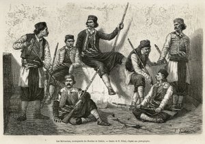 The Krivoscians, mountaineers of the Bouches de Cattaro (or Kotor, bay on the ocidental coast of Montenegro), weapons to resist the force of encroachment in the Austrian troops. Engraving after P.Fritel