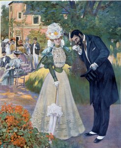 Belle epoque：“手淫”：一个男人在招待会上向一个女人打招呼。 Jeanniot 为“费加罗杰出人物”绘制的插图 20 世纪初巴黎，装饰艺术