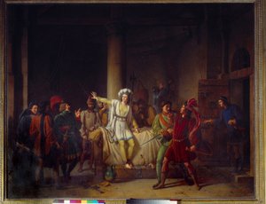 百年战争：“圣女贞德（1412-1431）在鲁昂监狱中” 1431 年，圣女贞德被指控为异端，被囚禁在鲁昂菲利普·奥古斯特城堡的地牢中。 Pierre Henri Revoil (1776-1842) 的画作，19 世纪 Rouen musee des b