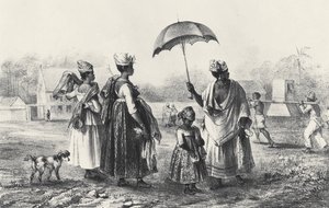 有孩子的奴隶贩子，来自《苏里南之旅》，1839年（石印）（黑白照片）。 作者 皮埃尔·J·········（·····