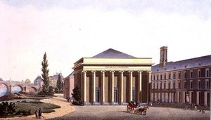列日大学的宫殿，出自皮埃尔-雅克-戈特盖布尔的 "Choix des Monuments, Edifices et Maisons les plus remarquables du Royaume des Pays-Bas"，由J.N. Chevron刻制，1827年出版（水印）。