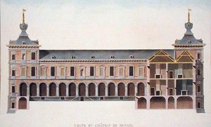 比利时Ronse城堡的横截面，出自Pierre Jacques Goetghebuer的《Choix des Monuments, Edifices et Maisons les plus remarquables du Royaume des Pays-Bas》，1827年出版（水印）（另见186086）。